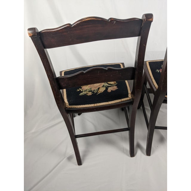 Wood Pair of Vintage Tell City Style Dark Wood Chairs With Black Floral Needlepoint Seats For Sale - Image 7 of 14