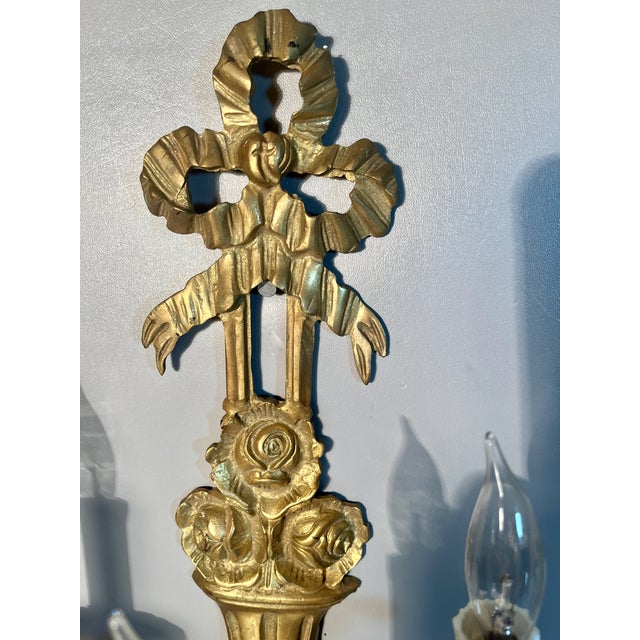 1930s Pair of Gilt Brass Wall Sconces 3 Arm Electric Light French Neo Classical Style For Sale - Image 5 of 8