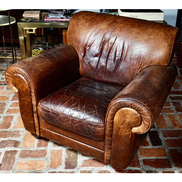 Animal Skin Vintage Natuzzi Italian Brown Leather Club Chair For Sale - Image 7 of 8
