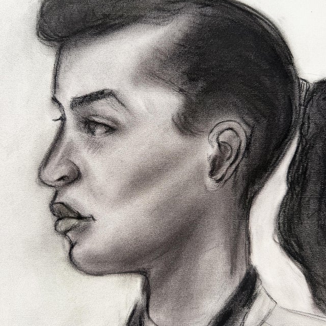 Paper Vintage Charcoal Portrait Drawing of a Woman in Profile With Ponytail For Sale - Image 7 of 8