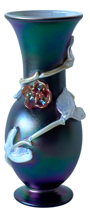 Iridescent Black Glass Vase with Sculpture Glass Flowers by Loetz