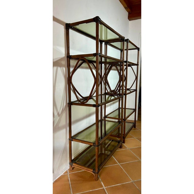 Boho Chic Rattan and Smoked Glass Shelves, 1960s, Set of 2 For Sale - Image 3 of 8