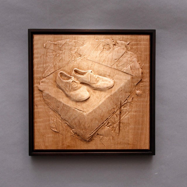 Shoes by Dana Younger | Maple and Niove Relief Sculpture of a Pair of Shoes on a Box For Sale - Image 4 of 4
