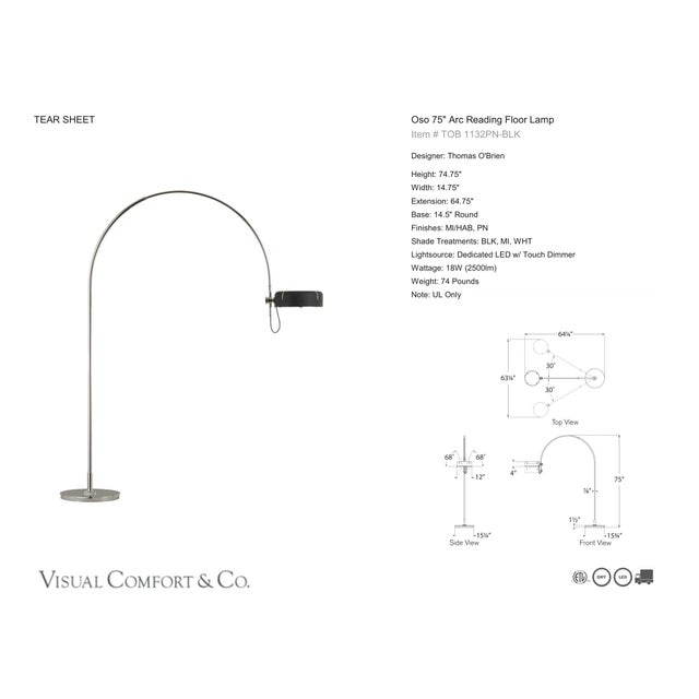 Thomas O'Brien by Visual Comfort Signature Oso 75" Arc Reading Floor Lamp in Polished Nickel with Matte Black Shade...