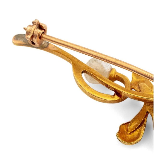 Green Vintage American Art Nouveau 14k Yellow Gold Enamel and Pearl Lapel Brooch For Sale - Image 8 of 8