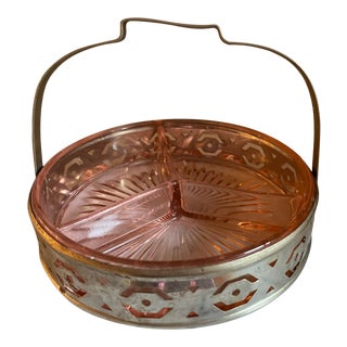 1930s Pink Depression Glass Divided Hors d'Oeuvre Tray For Sale
