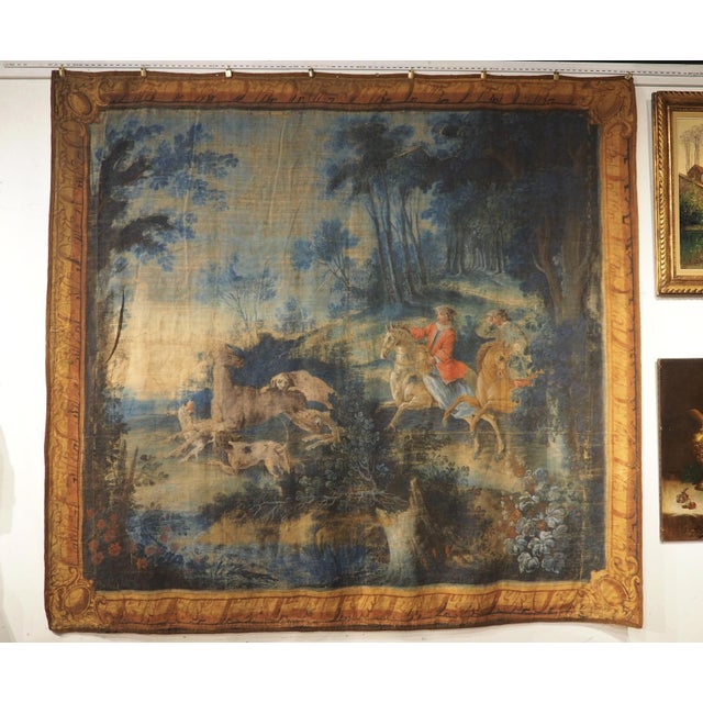 A Large 18th Century French Toile Peinte of a Stag Hunt in the Forest For Sale - Image 15 of 17