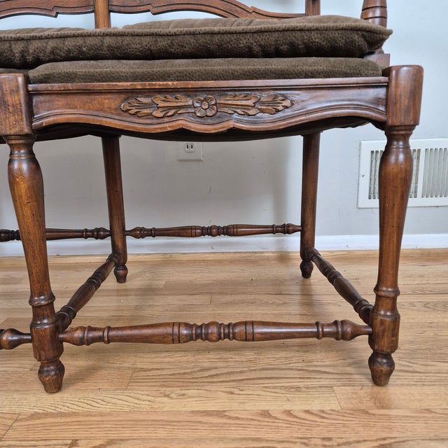 Wood Mid 20th Century French Country Petite Walnut Ladder Back Settee Bench W/ Brown Faux Suede Cushions For Sale - Image 7 of 12