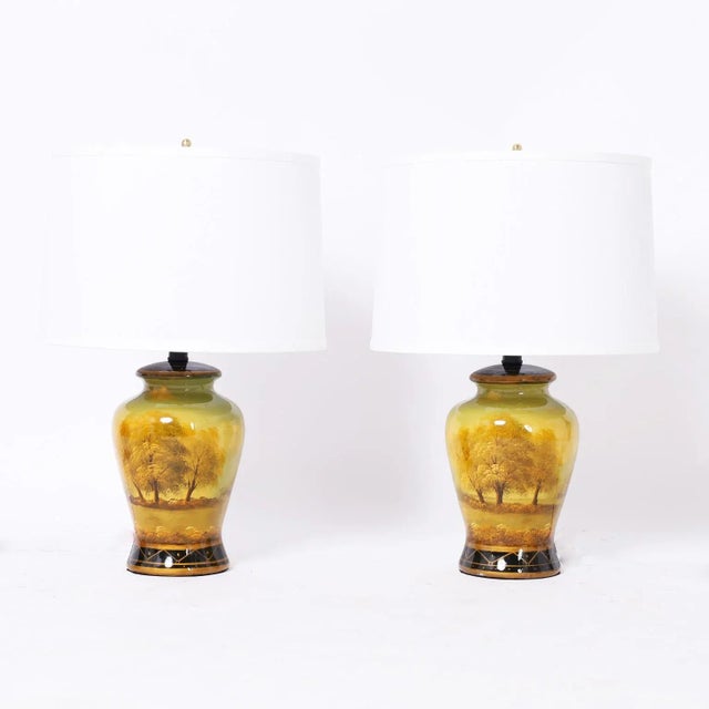 Late 19th Century Pair of Antique Late 19th Century English Reverse Painted Table Lamps For Sale - Image 5 of 6