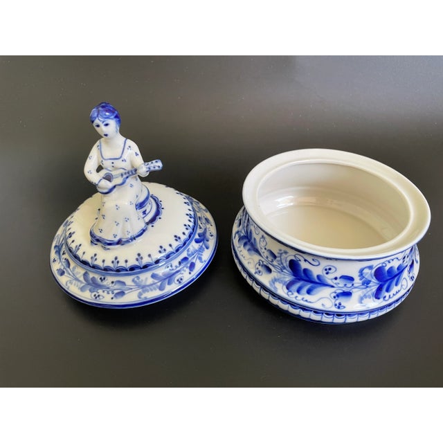Ceramic Vintage Gzhel Porcelain Lidded Trinket Box With Woman Play Guitar Finial For Sale - Image 7 of 13