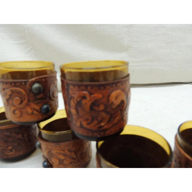 Metal Vintage Hand Blown Shot Glasses Wrapped in Embossed Leather - Set of 6 For Sale - Image 7 of 10