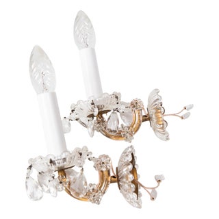 Vintage French Wall Sconces in Crystal and Brass, 1950s, Set of 2 For Sale