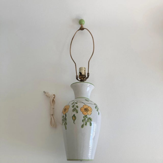 Vintage Ceramic Floral Pattern Yellow Green Colors Crackle Glaze Finish Table Lamp, Made in Italy Circa 1970 For Sale - Image 12 of 13