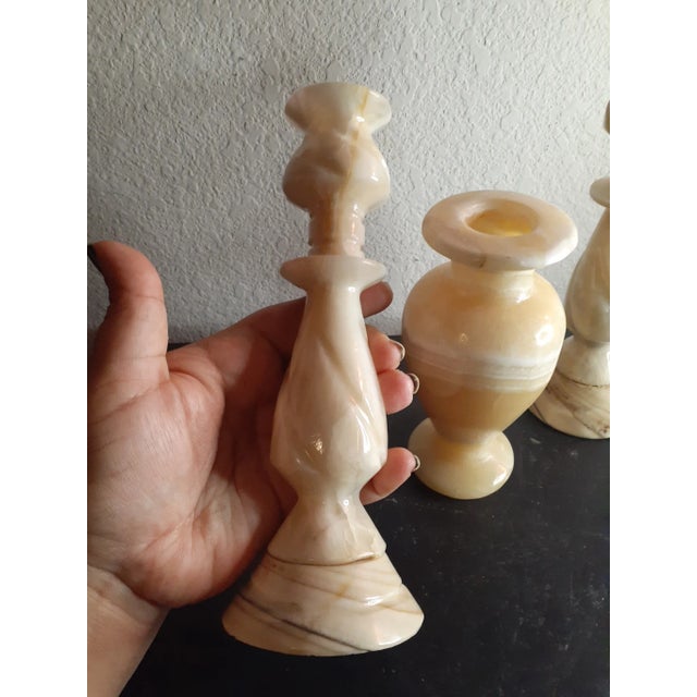 1980s Handcarved Solid Marble Beige Set of Candle Holders & Vase - 3 Piece Set For Sale In Dallas - Image 6 of 7