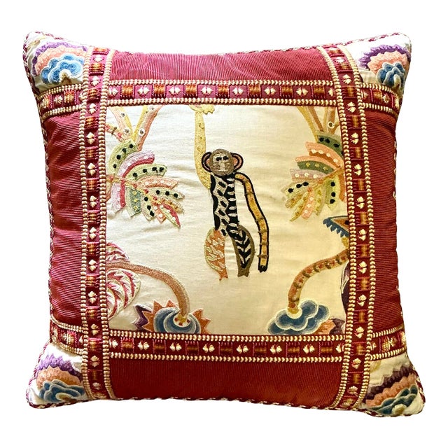 Vintage Boho Embroidered Monkey Pillow For Sale