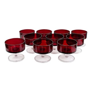 Set of 10 Vintage French Luminarc Cavalier Ruby Red Champagne Coupe & Dessert Glasses For Sale