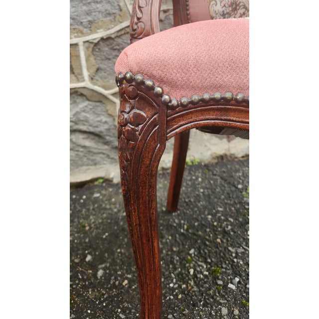 Pair of Vintage Louis XV Style French Provincial Open Armchairs With Pink Romantic Tapestry Upholstery For Sale In New York - Image 6 of 17