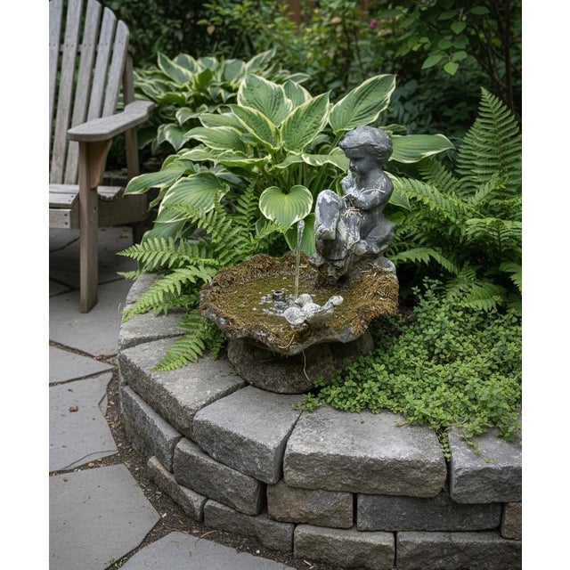 Metal Vintage Cherub & Songbird Cast Lead Garden Fountain For Sale - Image 7 of 11