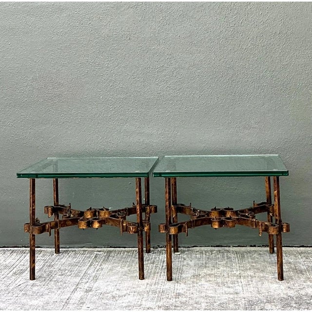Mid 20th Century Vintage Brutalist Glass and Metal Side Tables - Pair For Sale - Image 5 of 12