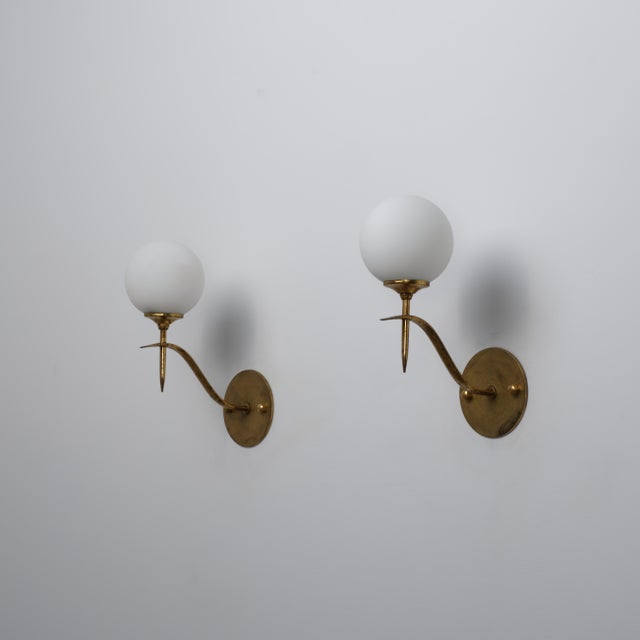 Italian Brass and Opaline Glass Globe Wall Sconces, 1950s, Set of 2 For Sale - Image 11 of 11
