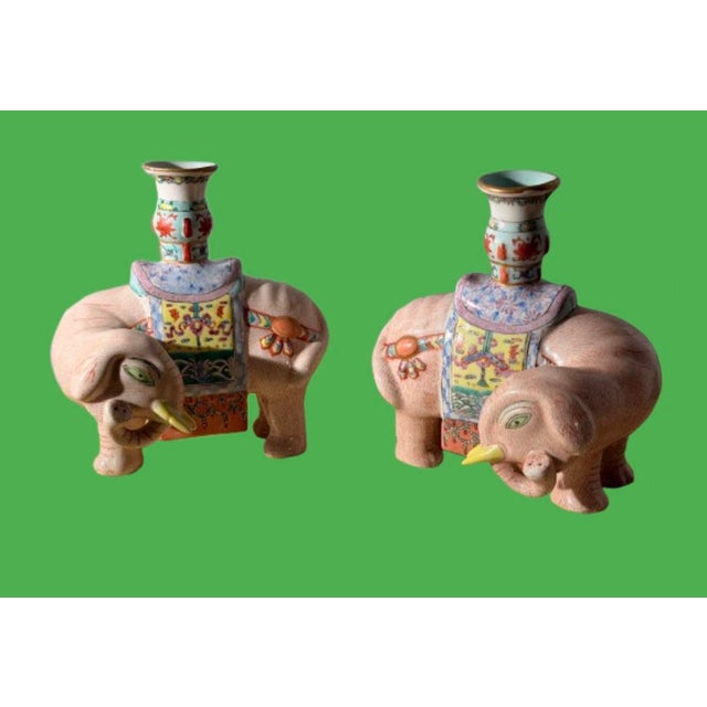 Rose Pair of Chinese Export Famille Rose of Enameled Elephant Candlestick or Josh Sticks, Early 20th C. For Sale - Image 8 of 10