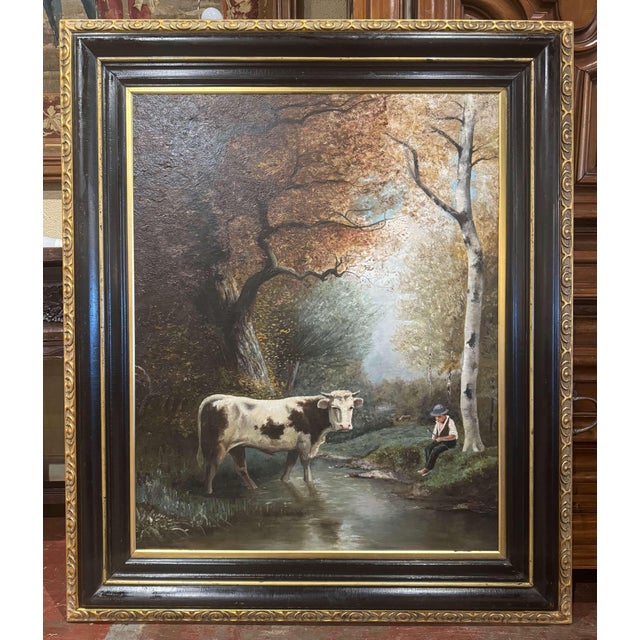 Mid 19th Century 19th Century French Pastoral Oil Painting of Cow and Boy in Giltwood Frame For Sale - Image 5 of 11