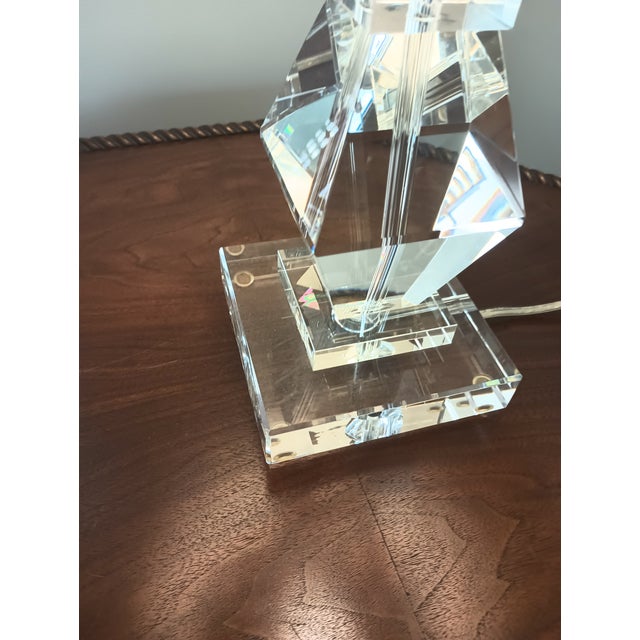 Glass 1970s Mid-Century Modern Ethan Allen Geometric Crystal Table Lamp With Linen Drum-Style Shade For Sale - Image 7 of 10