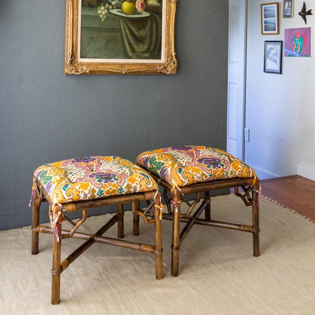 McGuire Pair of McGuire Style Chinoiserie Bamboo Stools or Ottomans With Tufted Cushions. For Sale - Image 4 of 18