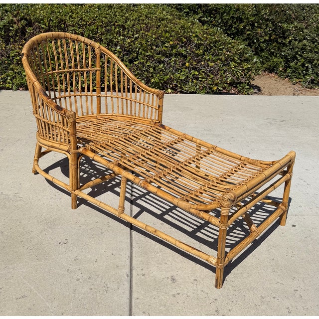 Vintage Rattan Stick Wicker Art Deco Chaise With New Perennials Upholstery For Sale In San Diego - Image 6 of 13