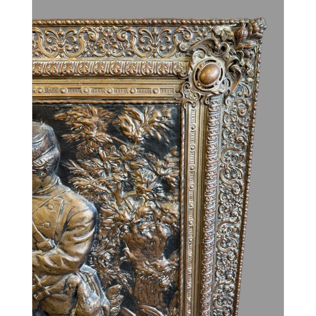Antique Brass Repoussé Hanging Scenic Plaque Hunter w His Dog & Game Animals In good original condition showing some...