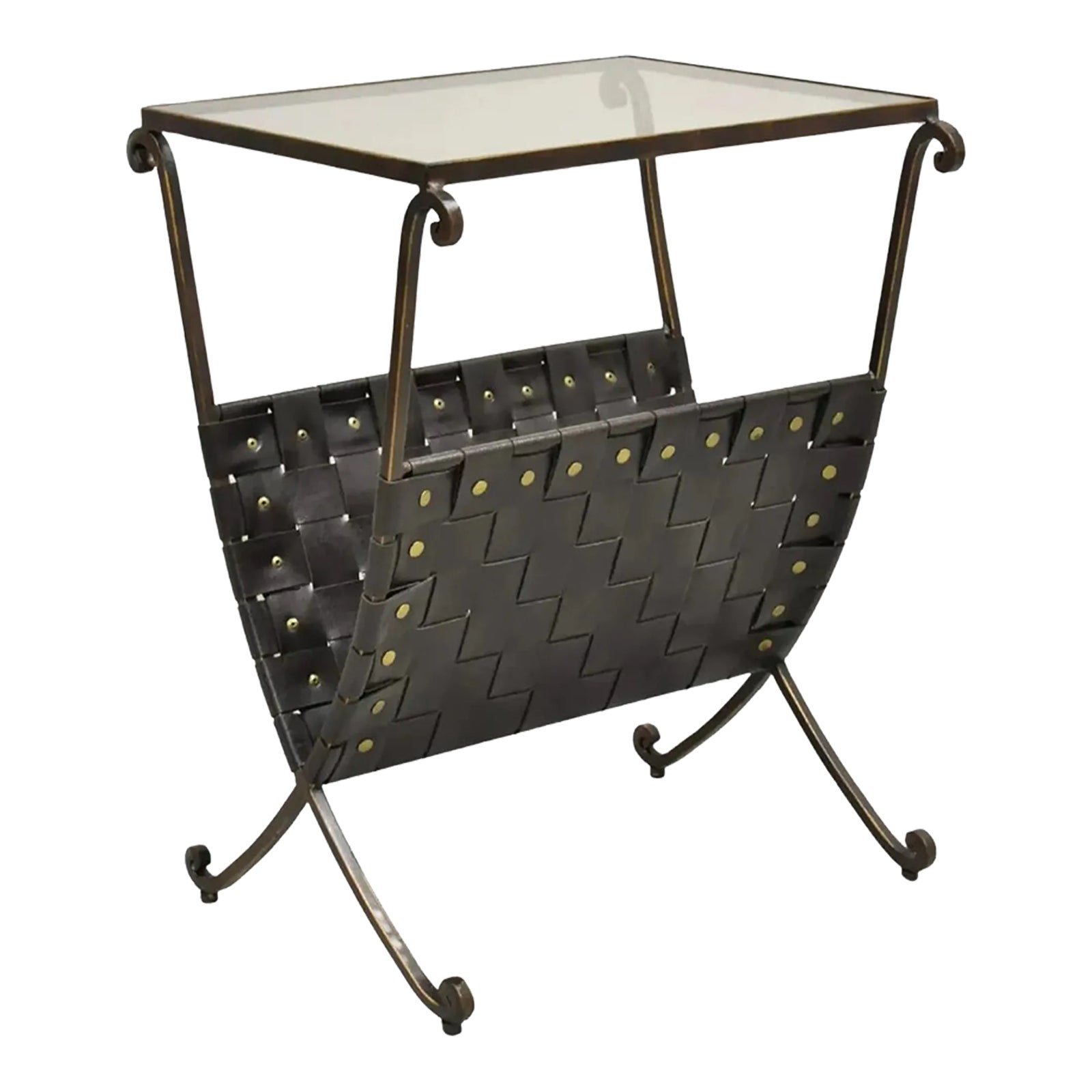 Decorator Modern Iron Leather Strap Magazine Rack Glass Top Side Table ...