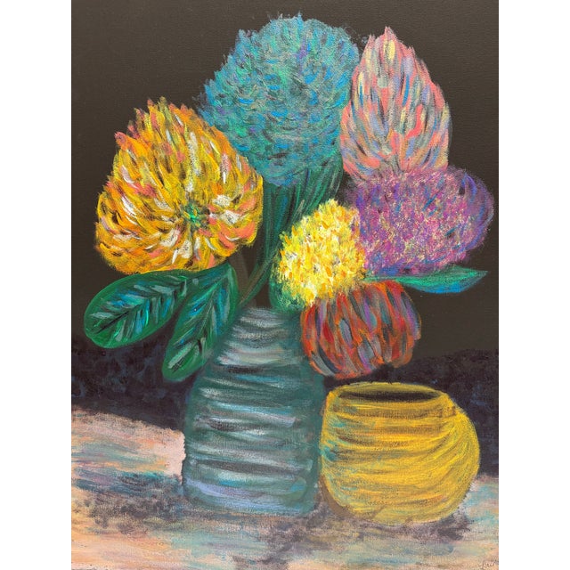 2010s Original Canvas Painting of Vibrant Colorful Flowers in a Vase For Sale - Image 5 of 6