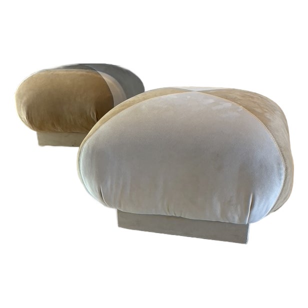 Mid 20th Century Pair of Custom A. Rudin Ottomans – Square-Top, Gold & Cream Suede (Inspired by #756) For Sale