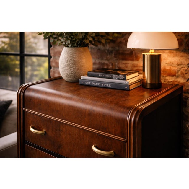 Early 20th Century Art Deco Waterfall Designer Accent Chest in Satin Walnut With Two-Tone Black Panels and Original Deco Brass Pulls For Sale - Image 10 of 11