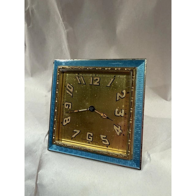 Antique Swiss Art Deco Travel/ Desk Clock With Guilloche Enamel For Sale - Image 10 of 11