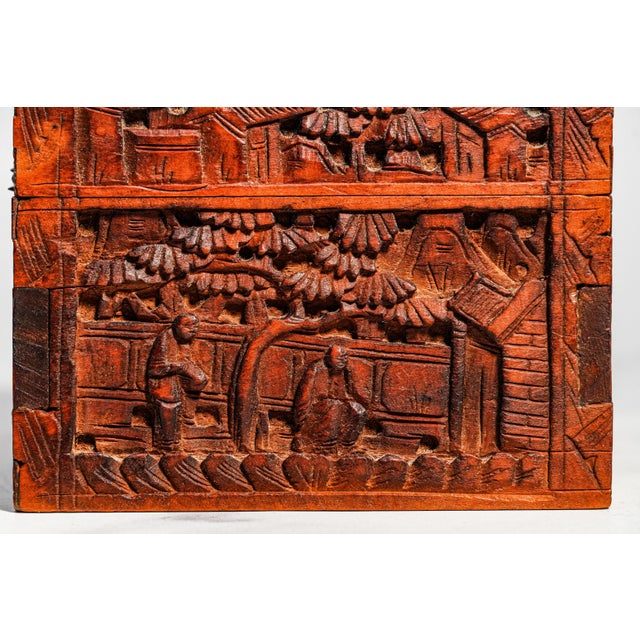Hand Carved Village Scene Box Antique Chinese Wood Box 19th Century Decorative Chinoiserie Asian Oriental Home Decor For Sale - Image 12 of 13
