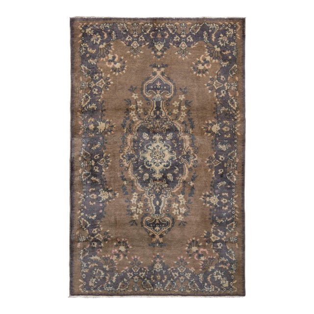 1950s Hand-Knotted Vintage Sivas Rug in Beige-Brown With Medallion Floral Pattern For Sale