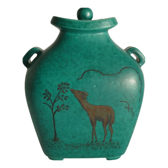 Art Deco Green Lidded Vase by Wilhelm Kåge for Gustavsberg, 1956 For Sale