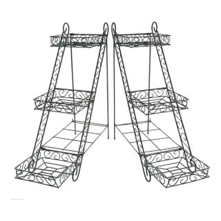 Vintage Three-Tier Wrought Iron Plant Stands – Pair For Sale