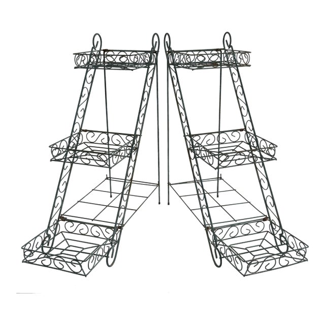 Vintage Three-Tier Wrought Iron Plant Stands – Pair For Sale