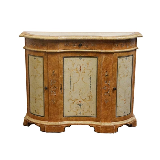 Rustic European Neiman Marcus Hand Painted Italian Neoclassical Tuscan Style 42" Serpentine Console Cabinet For Sale - Image 3 of 12