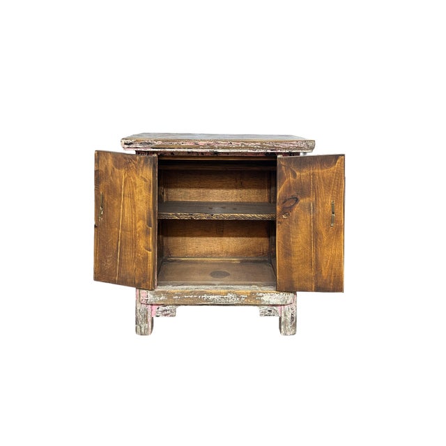 Shabby Chic 16.25" Distressed Pink Brown 2 Doors End Table Nightstand Chest For Sale - Image 3 of 6