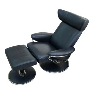 Norwegian Ekornes Stressless "Jazz Model" Leather Chair and Ottoman For Sale
