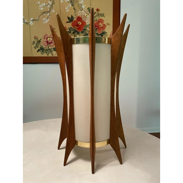 Adrian Pearsall Mid-Century Modern Teak & Brass Swag Pendant Lamp in the Style of Adrian Pearsall For Sale - Image 4 of 13