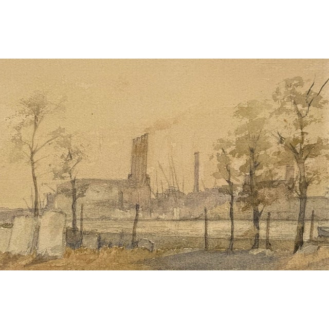 Impressionist Mill With Masted Ships in a Harbor Original Watercolor For Sale - Image 3 of 3