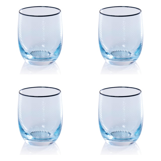Contemporary Sicilian 4-Piece Swirl Glass Tumbler Set, Aqua with Navy Lip Wrap For Sale - Image 3 of 3