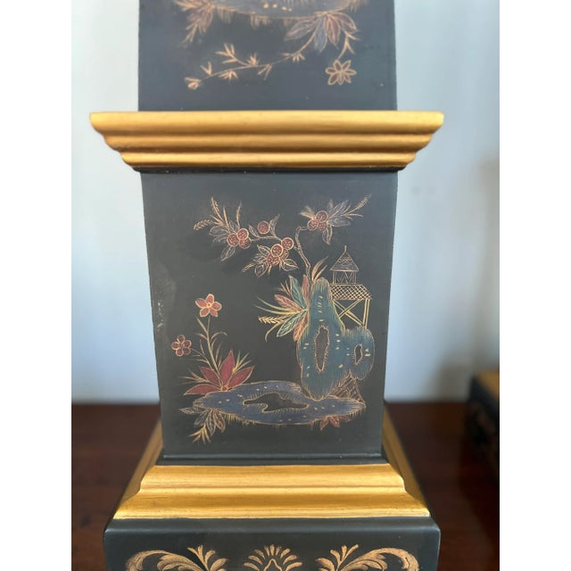 Pair, Vintage Chinoiserie & Partial Gilt Wood Decorated Obelisks For Sale - Image 4 of 8