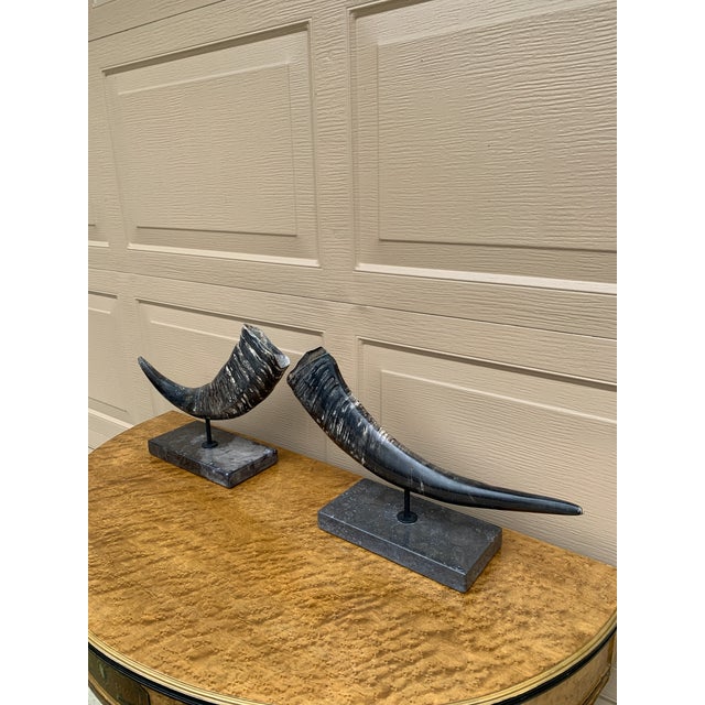 English Pair of Vintage Faux Ram Horn Sculptures on Black Marble Bases For Sale - Image 3 of 16