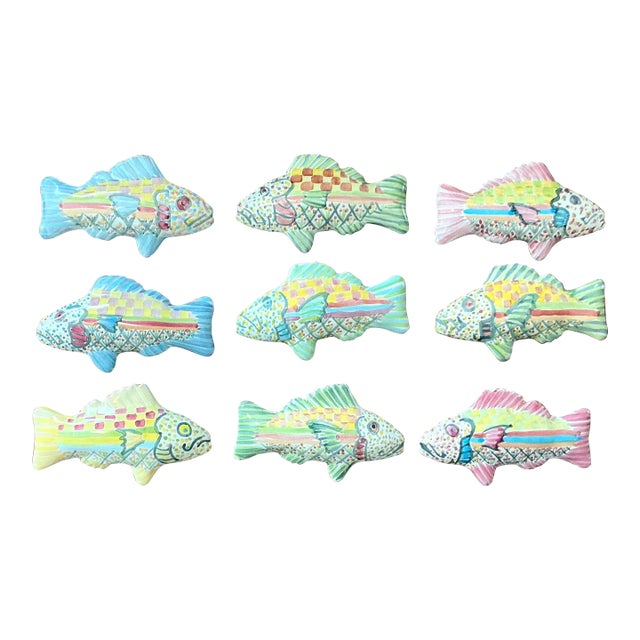 Vintage Regency Mackenzie Childs Glazed Ceramic Fish Drawer Pulls - Set of 9 For Sale