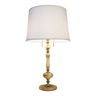 1920s French Art Nouveau Neo Classic Green Banded Onyx Marble Brass Table Lamp For Sale